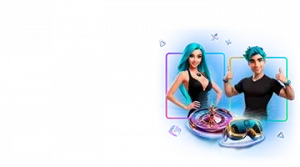 Изображение двух анимационных персонажей, мужчины и женщины, рекламирующих кэшбэк-бонус Leebet с элементами казино и яркими неоновыми цветами.